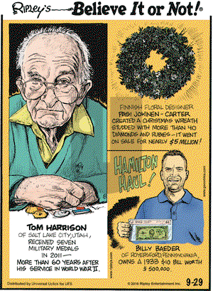Ripley's Believe It or Not on Thursday September 29, 2016 Comic Strip