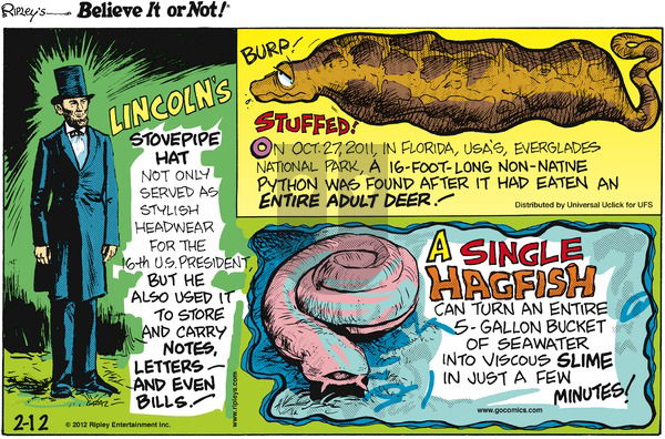 Ripley's Believe It or Not on Sunday February 12, 2012 Comic Strip