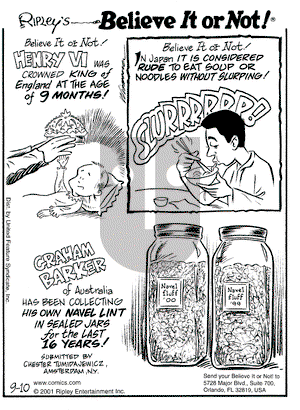 Ripley's Believe It or Not on Monday September 10, 2001 Comic Strip