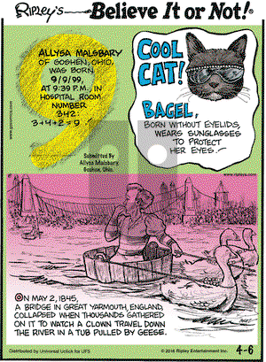 Ripley's Believe It or Not on Wednesday April 6, 2016 Comic Strip
