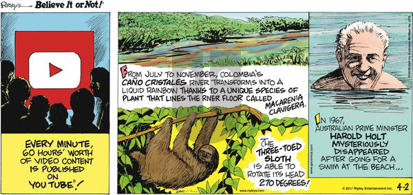 Ripley's Believe It or Not on Sunday April 2, 2017 Comic Strip