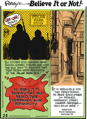 Ripley's Believe It or Not on Monday February 8, 2016 Comic Strip
