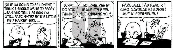 Peanuts on Friday March 8, 1991 Comic Strip