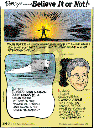 Ripley's Believe It or Not on Wednesday February 10, 2016 Comic Strip