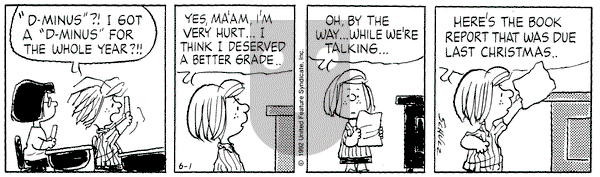 Peanuts on Monday June 1, 1992 Comic Strip