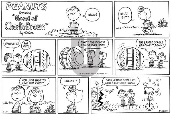 Peanuts on Sunday April 10, 1977 Comic Strip