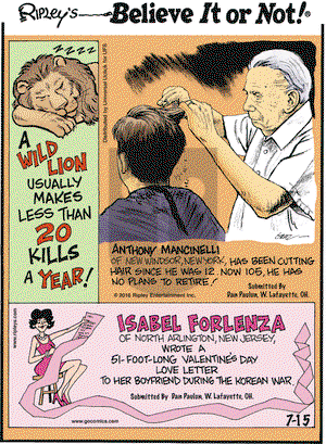 Ripley's Believe It or Not on Friday July 15, 2016 Comic Strip