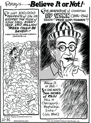 Ripley's Believe It or Not on Wednesday October 31, 2001 Comic Strip