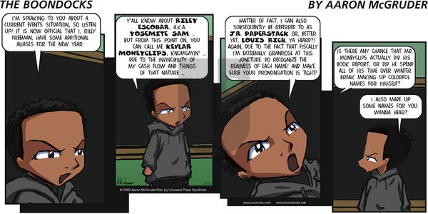 The Boondocks on Sunday January 13, 2002 Comic Strip