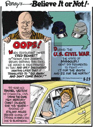 Ripley's Believe It or Not on Thursday August 23, 2012 Comic Strip