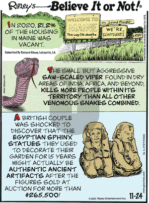 Ripley's Believe It or Not - Wednesday November 24, 2021 Comic Strip
