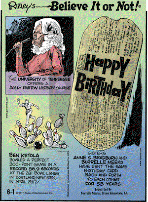 Ripley's Believe It or Not on Thursday June 1, 2017 Comic Strip