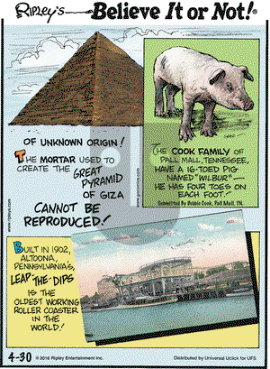 Ripley's Believe It or Not on Saturday April 30, 2016 Comic Strip