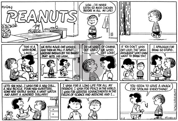 Peanuts on Sunday November 2, 1958 Comic Strip