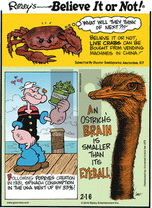 Ripley's Believe It or Not on Tuesday February 16, 2016 Comic Strip
