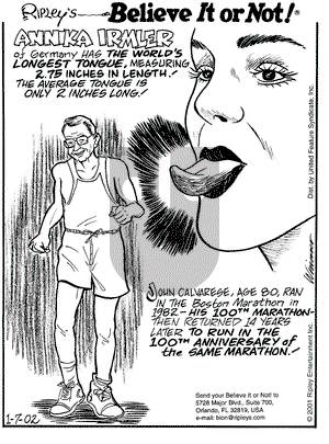 Ripley's Believe It or Not on Monday January 7, 2002 Comic Strip