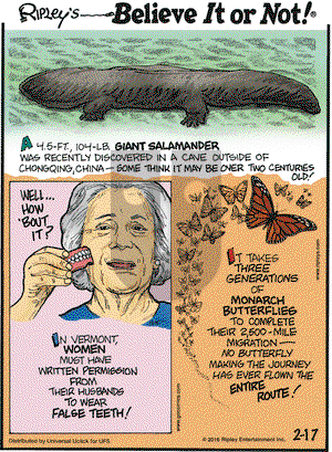Ripley's Believe It or Not on Wednesday February 17, 2016 Comic Strip
