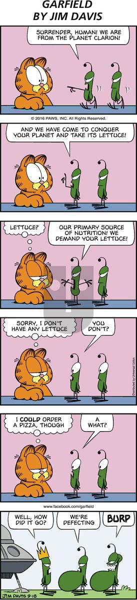 Garfield on Sunday September 18, 2016 Comic Strip