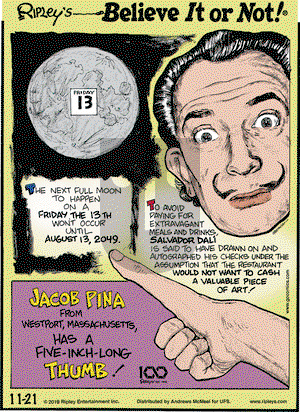 Ripley's Believe It or Not on Thursday November 21, 2019 Comic Strip