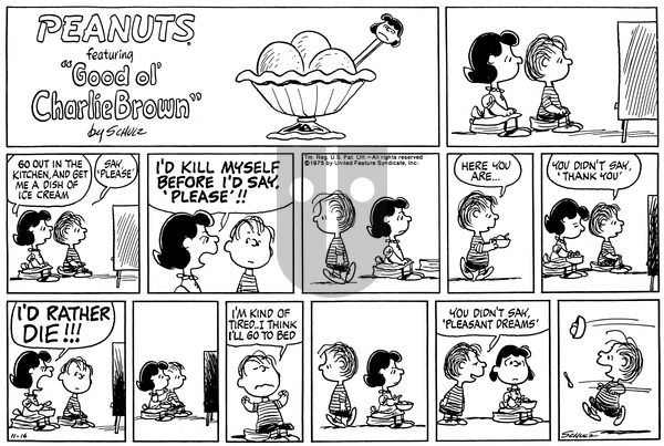 Peanuts on Sunday November 16, 1975 Comic Strip