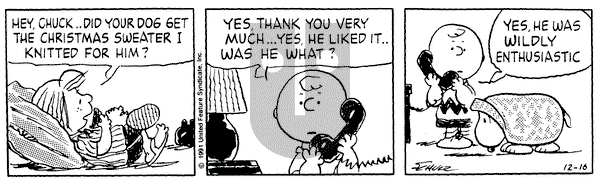 Peanuts on Monday December 16, 1991 Comic Strip