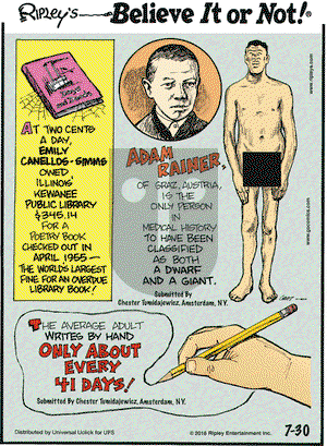Ripley's Believe It or Not on Saturday July 30, 2016 Comic Strip