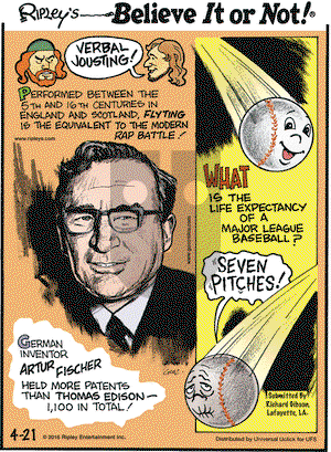 Ripley's Believe It or Not on Thursday April 21, 2016 Comic Strip